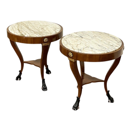 Pair of French antique style coffee tables with marble top, late 1900s