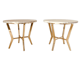 Coppia di tavolini rotondi in marmo di Carrara e ottone, anni '60