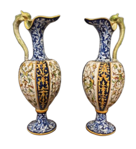 Pair of antique majolica pourers signed Angelo Minghetti