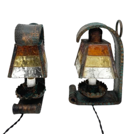 Pair of Longobard brutalist table or wall lamps in Murano glass and wrought iron