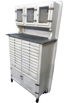 Vintage high cupboard in white wood with small drawers and marble top