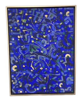 Dipinto contemporaneo astratto su tela in smalti acrilici sui toni del blu