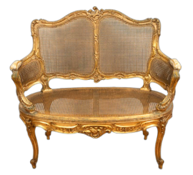 Antique Napoleon III settee in gilded and carved wood and Vienna straw, 19th century