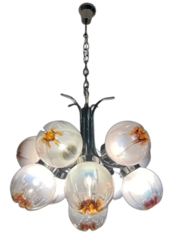 Grande lampadario design Mazzega con sfere di vetro e 12 luci, anni ‘70                            