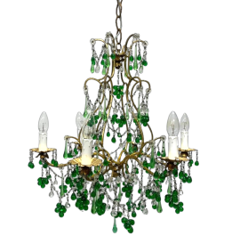 Large vintage chandelier with green drops and clusters in Murano glass, 1960s