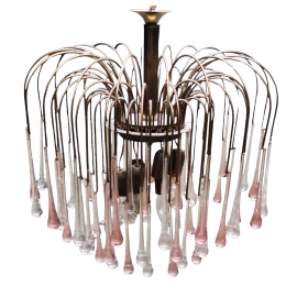 Vistosi waterfall chandelier with pink Murano glass drops, 1970s
                            