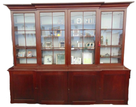 Grande libreria Vittoriana inglese antica in mogano a vetrina