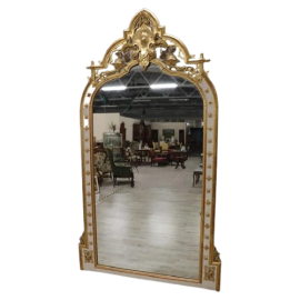 Grande specchiera antica verticale in legno laccato e dorato