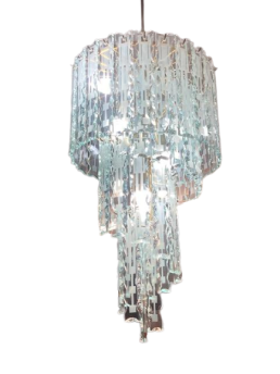 Lampadario anni '70 con pendenti a spirale in vetro sagomato                            