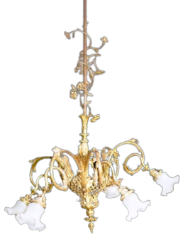 Antique gilt bronze chandelier with glass flowers, early 1900s                   
                            
