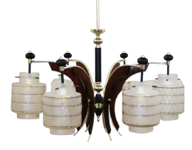 Lampadario design stile Stinovo anni '50 in vetro e legno, a sei luci     