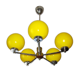 Lampadario modernariato anni '60 con 5 sfere gialle                            