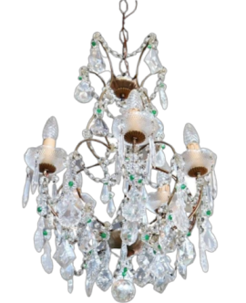 Early 1900s bronze chandelier with crystal drops, 5 lights