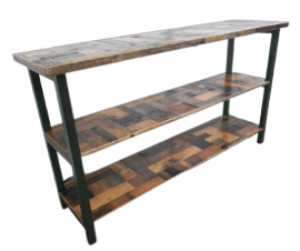 Industrial shelf bookcase in patchwork wood with 3 shelves, 1970s