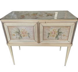 Vintage bar cabinet by Umberto Mascagni in parchment painted with floral motifs              
                            