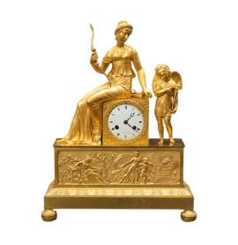 Orologio antico parigina Impero con Diana cacciatrice in bronzo dorato                            
