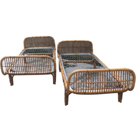 Pair of single bamboo and rattan vintage beds, 1970s