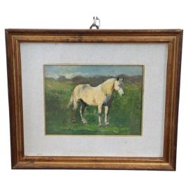 Edwin Ganz - dipinto con cavallo bianco, olio su tavola della prima metà del '900