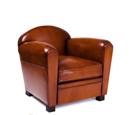 Classic style club armchair in brown leather with rounded shapes
