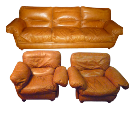 Poltrona Frau set: 3-seater sofa and 2 armchairs in brown leather