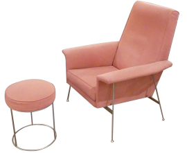 Vintage armchair in iron and pink velvet with ottoman                     
                            
                            