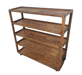 Industrial wooden shelving unit with wheels, 1920s