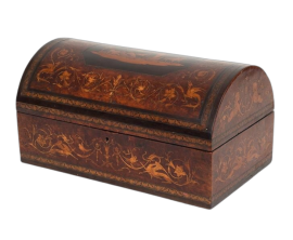 Antique Sorrento jewelry box in precious exotic woods, 19th century