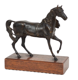 Antique horse sculpture in cast bronze on a wooden base, Italy 19th century