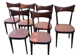 Six vintage Ico Parisi design chairs in wood and brown imitation leather        