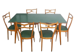 Set da pranzo vintage con tavolo e 6 sedie in stile Paolo Buffa, anni '50                            