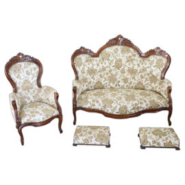 Antique living room set in walnut with sofa, armchair and footrests, Louis Philippe 1800s
