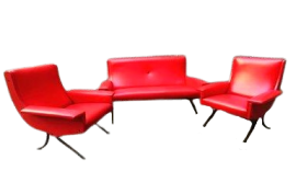 Set da salotto vintage con divano e poltrone in skai rosso
