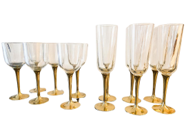 Set of 12 Murano glass and brass boat glasses, Italy 1980s