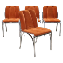 Set di 4 sedie design vintage in metallo cromato e velluto arancione, anni '70                            