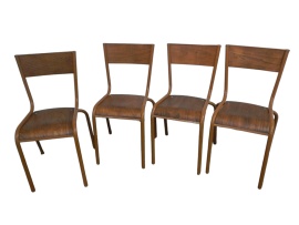 Set of 4 stackable brown Mullca chairs with dark wood seat, 1960s