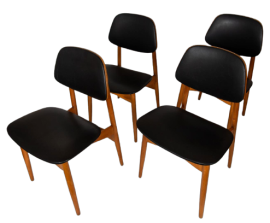 Set of 4 vintage chairs in solid beech and black skai, 1960s            
