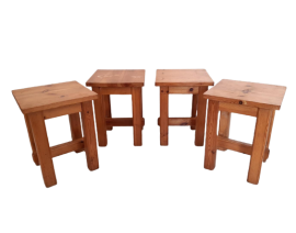 Set of 4 rustic vintage stools or coffee tables in natural fir wood, 1970s