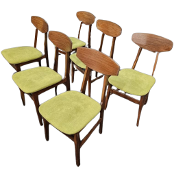 Set of 6 vintage 1950s chairs in rosewood and green chenille