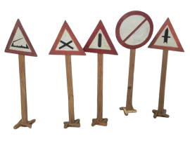 Set of vintage wooden educational road signs from the 60s