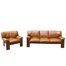 Leather sofa and armchair set, design by Mario Marenco for Mobil Girgi, 1970s                            