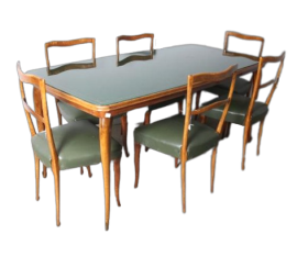 Set modernariato tavolo con piano in vetro e sedie in skai verde                            