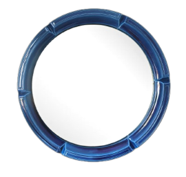 Specchio rotondo mid century in ceramica smaltata blu, Italia anni '50                            
