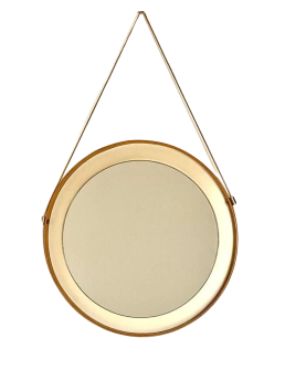 Specchio rotondo vintage con cornice in legno ed ecopelle beige, Italia anni '60                            