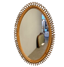Specchio vintage con cornice in bamboo intrecciato a mano, anni '50