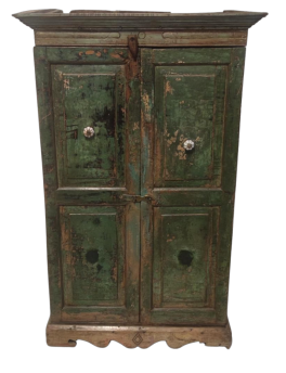 Antique Tibetan cabinet in green lacquered teak wood        