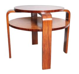 Tavolino art déco rotondo con due piani in noce e radica, anni '40