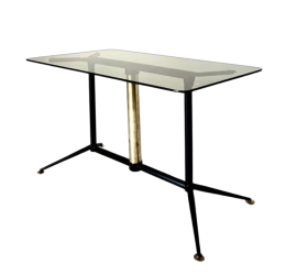 Tavolino da salotto vintage in acciaio e ottone con piano in vetro fumé                            