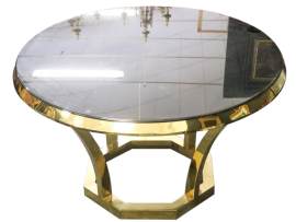 Tavolo design rotondo in ottone con piano in vetro, fine '900