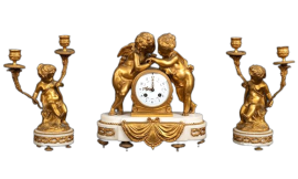 Antique Napoleon III bronze and white marble triptych with clock and candelabras
