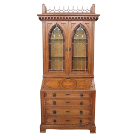 Antique gothic style bureau trumeau from the early 1900s in solid chestnut